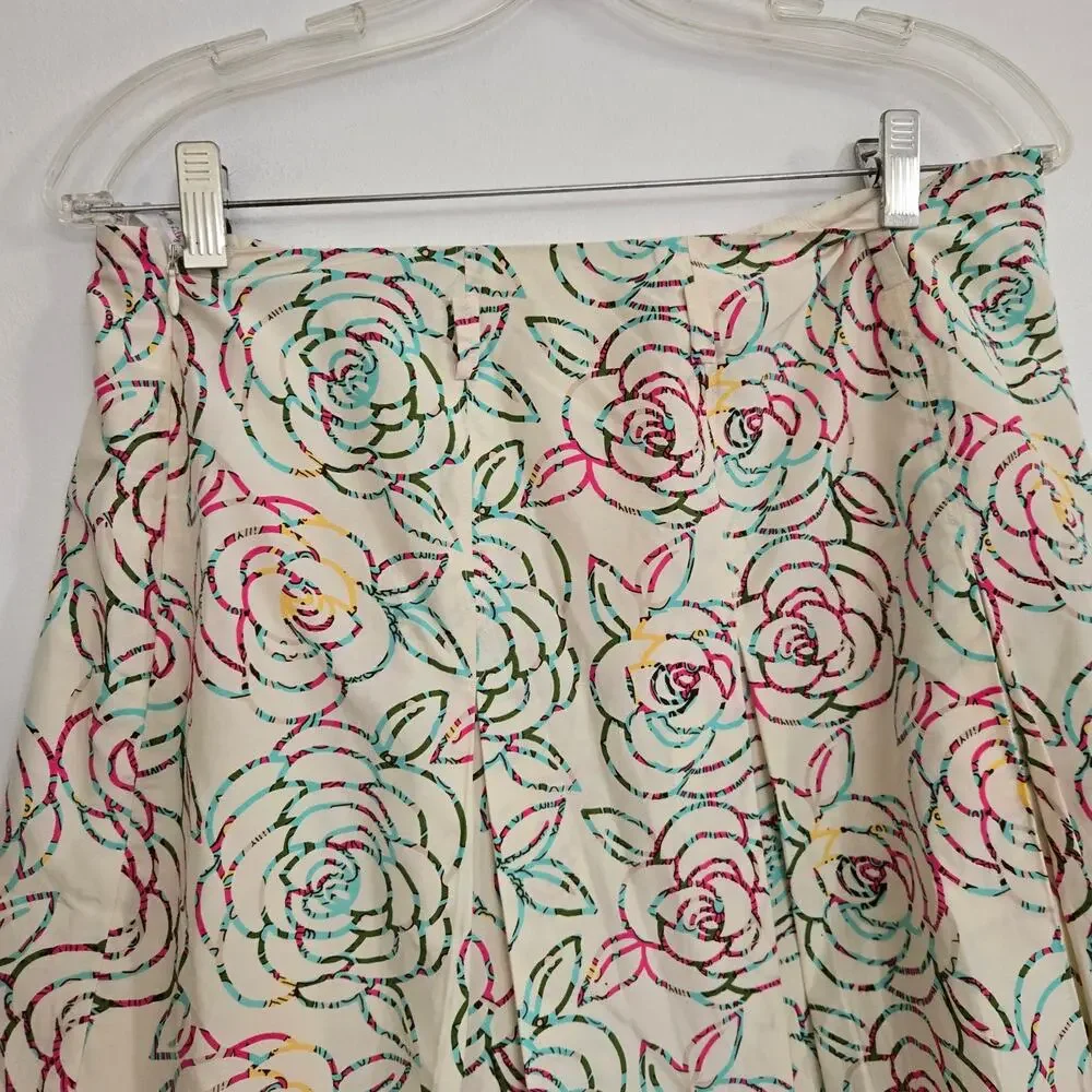 Vintage 90s Lilly Pulitzer Silk Skirt Floral Spring Pleated Claire Ivory Women 8